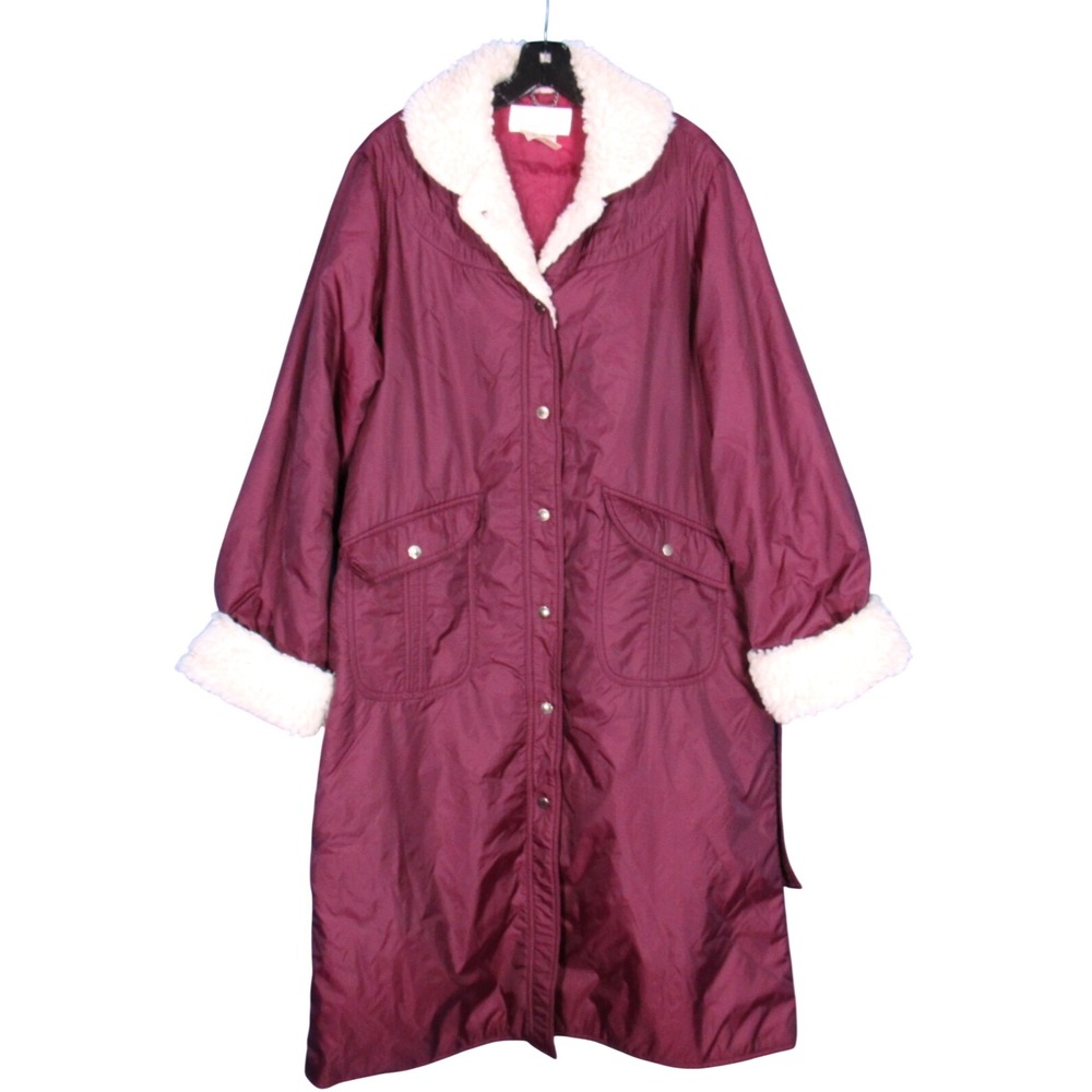 VTG CLAYBROOKE Lightly Padded SHERPA LINED TRIM Button-Up OVERCOAT JACKET Sz 18